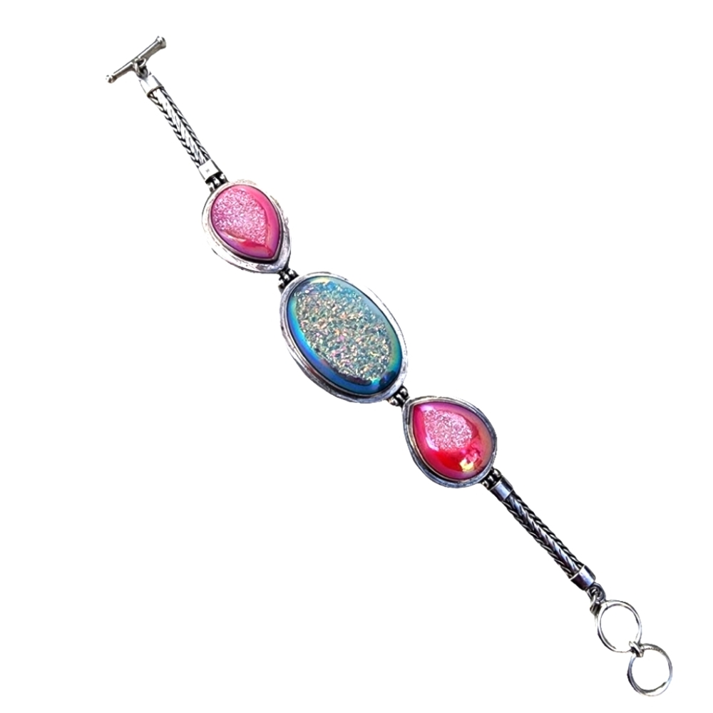 Multi-Color Window Druzy Quartz Sterling Silver Toggle Bracelet 7.5" Blue Pink